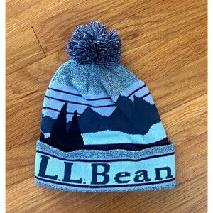 L.L.Bean Recycled Knit Pom Beanie Hat Blue Gray Black One Size